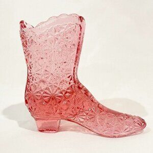 Vintage Fenton Cranberry Pink Daisy and Buttons Glass Boot Toothpick Holder